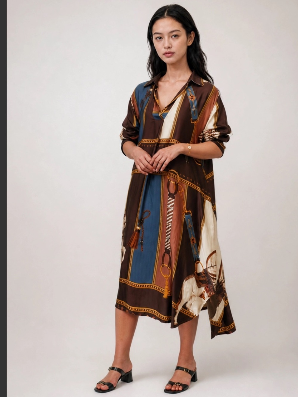 Cecile wang horse and Scarf-Print Button-Down Midi Dress in Brown and Blue